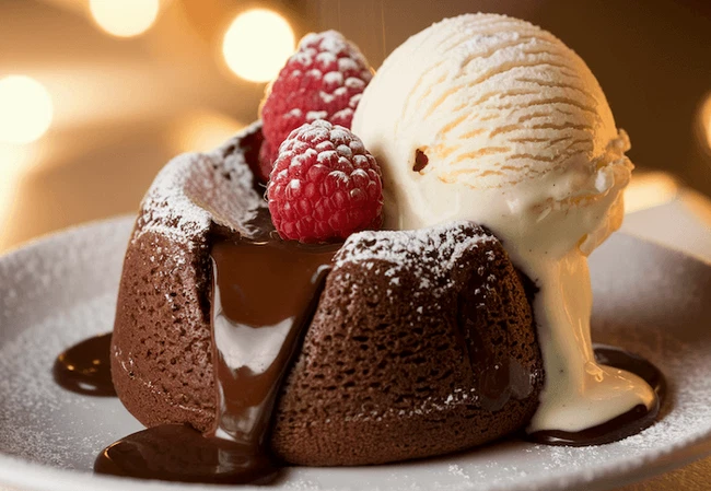 Molten chocolate lava cake with berry sauce, romantic Valentine’s dessert for two