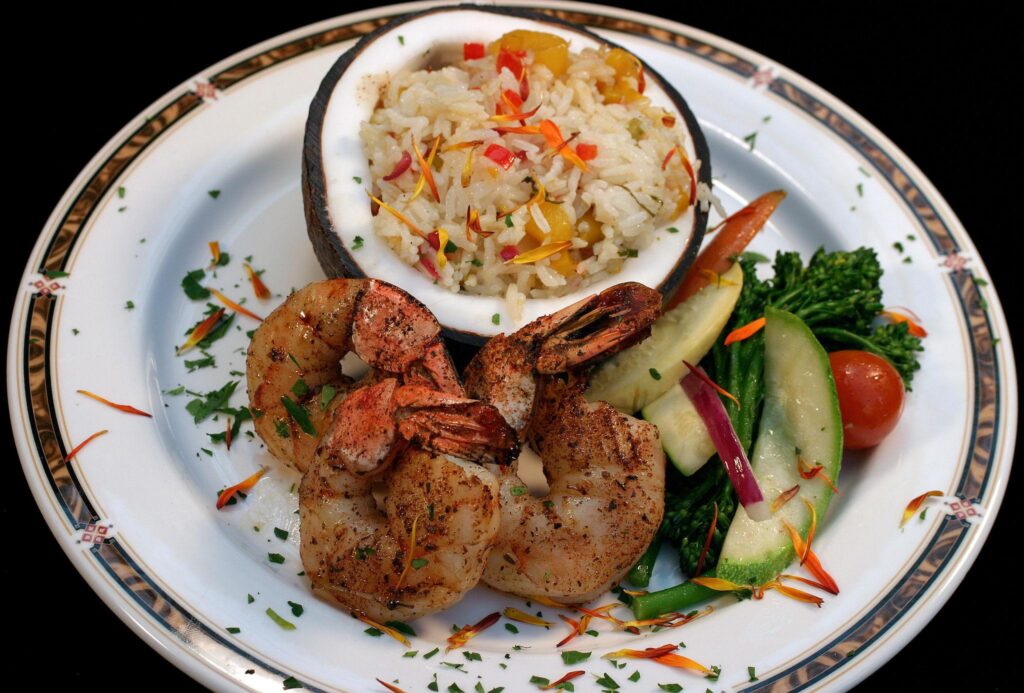 Honey garlic Caribbean shrimp served over coconut rice, romantic shrimp dinner for two